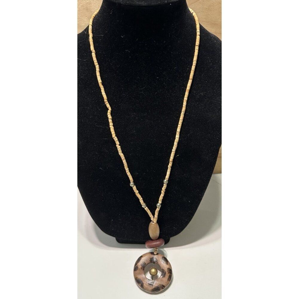 Wooden Boho Bohemian Beaded Necklace Circle Animal Print 34” Slip On